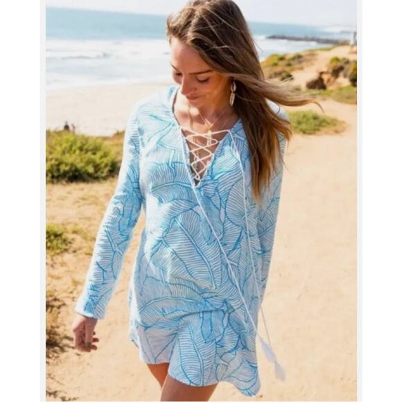 Charlie Holiday Women's US Sz 10 White Blue Striped Beach Coverup Flowy Coastalx - Picture 1 of 9